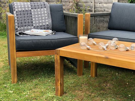 屋外用家具セット 木製ラウンジチェアとPEラタン織物 W71 x D66 x H64cm